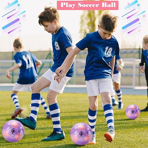 Miniatura 4 de Balón de fútbol rosa morado con purpurina, tamaño 3, 4, 5 con bomba y bolsa de agujamalla, kit de pelota de fútbol de poliuretano Sofu para