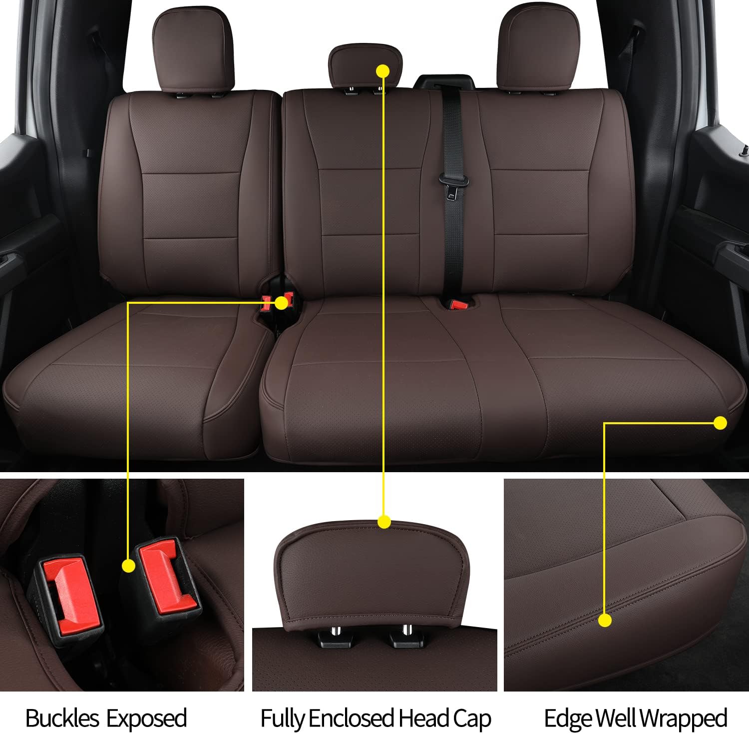 Covertopia F150 Faux Leather Seat Covers, Custom fit 2015-2024 2025 Ford F150 SuperCrew, and 2017-2024 2025 F250 F350 F450 Super Duty Crew Cab(Full Set, Brown)