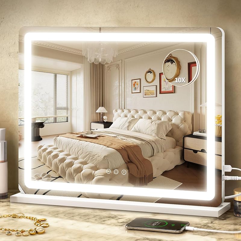 Espelho de maquiagem ROLOVE com iluminação LED, 58,42 cm x 45,72 cm, ampliação 10X, controle por toque, branco