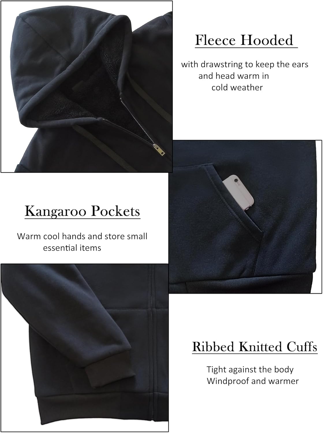 Hoodies for Men Full Zip Up Fashion Sweatshirt Thick Fleece Sherpa Lined Winter Jackets Warm Coats - Image 3