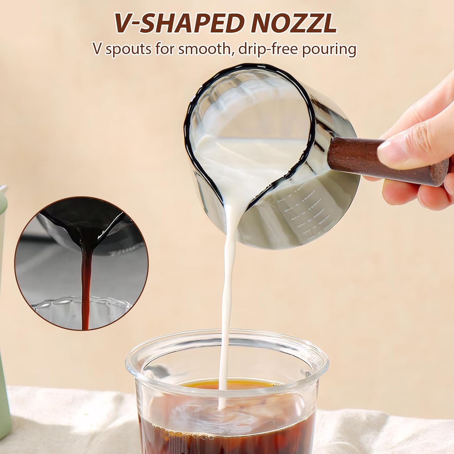 2pcs Espresso Cups with Wood Handle 6oz, Espresso Measuring Cup, Transparent Design with Clear Scale, Cold And Heat Resistant, V-Shaped Spout for Coffee, Milk, Tea or Maple Syrup