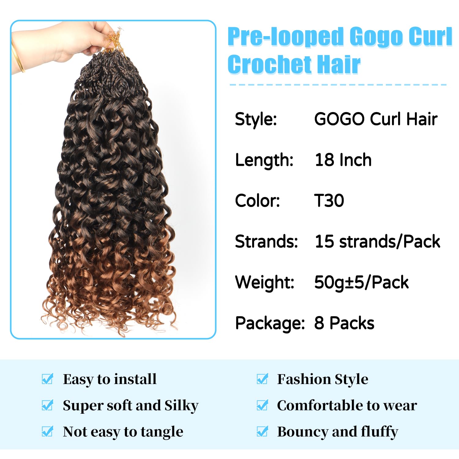 Ainimiu18 inch Gogo Curl Crochet Hair 8 Packs Ocean Wave Crochet Hair Pre Looped Deep Twist Goddess Box Braids Curly Water Wave Synthetic Braiding Hair For Black Women - Image 2
