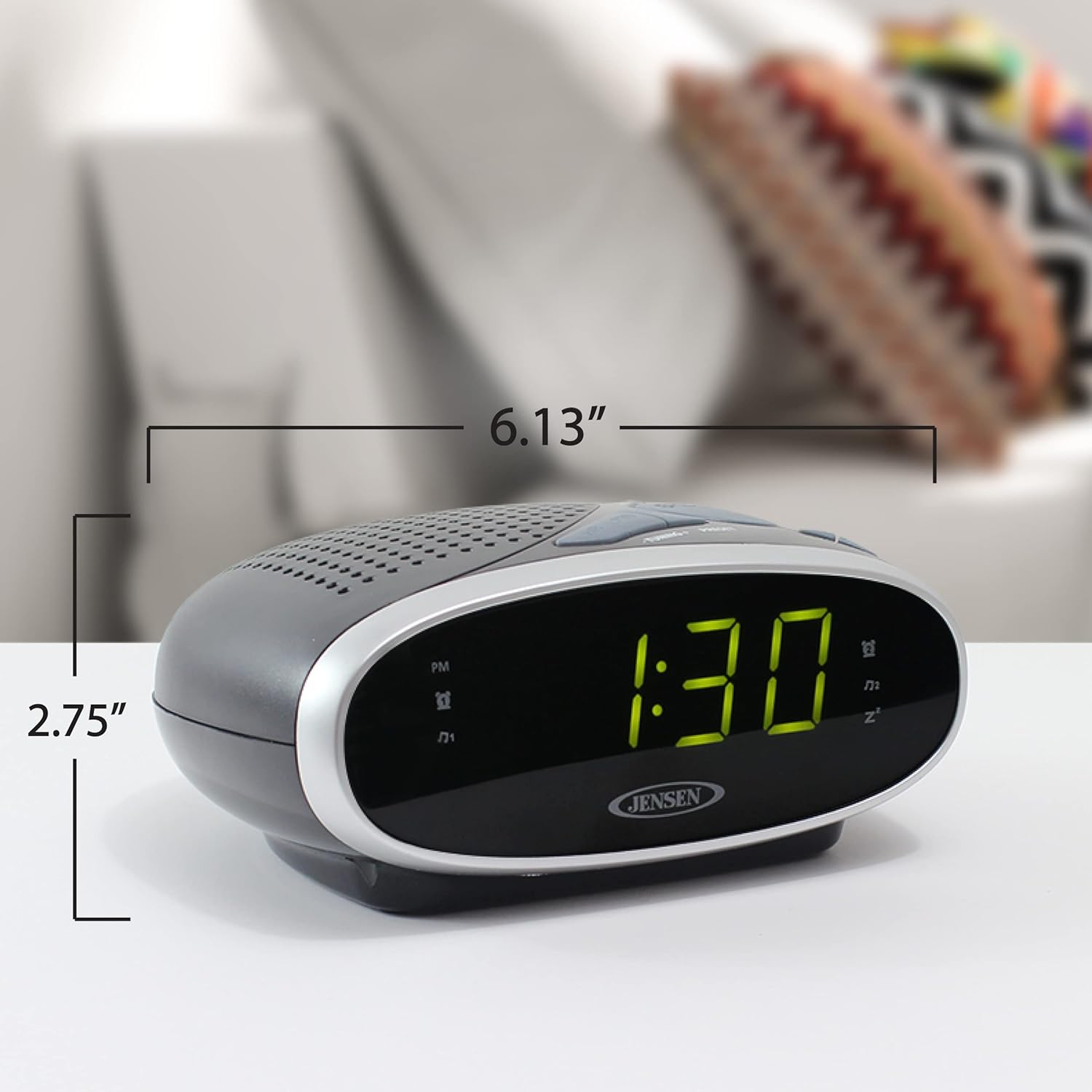 Jensen JCR-175 Alarm Clock Radio with dimensions 6.13 inches wide and 2.75 inches high