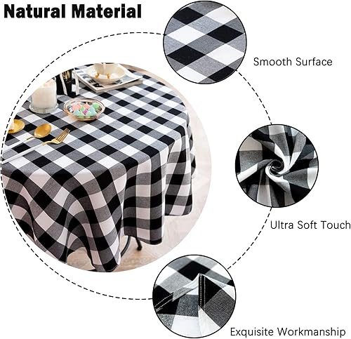 Miniatura 3 de Mantel redondo de cuadros Buffalo de algodón y lino, cubierta de mesa para cocina, comedor, decoración del hogar (Redondo - 55 pulgadas, blanco y