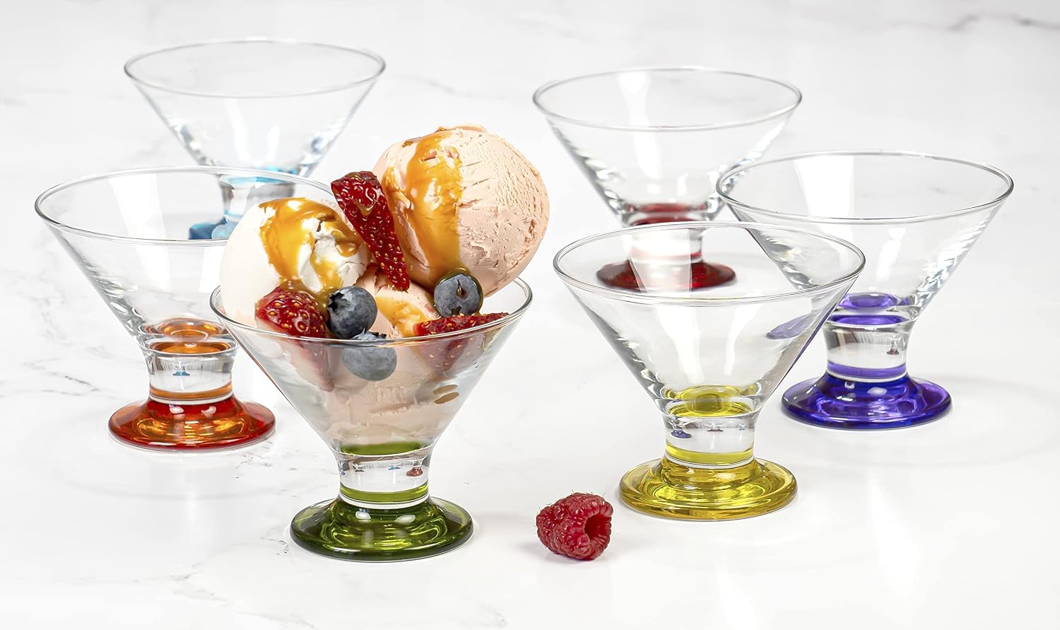 Red Co. Coral Crema Savory Sweets Footed Ice Cream Bowl, Glass Dessert Cups For Parfait Fruit Salad or Pudding, Assorted Colors, Set of 6, 5.5 oz