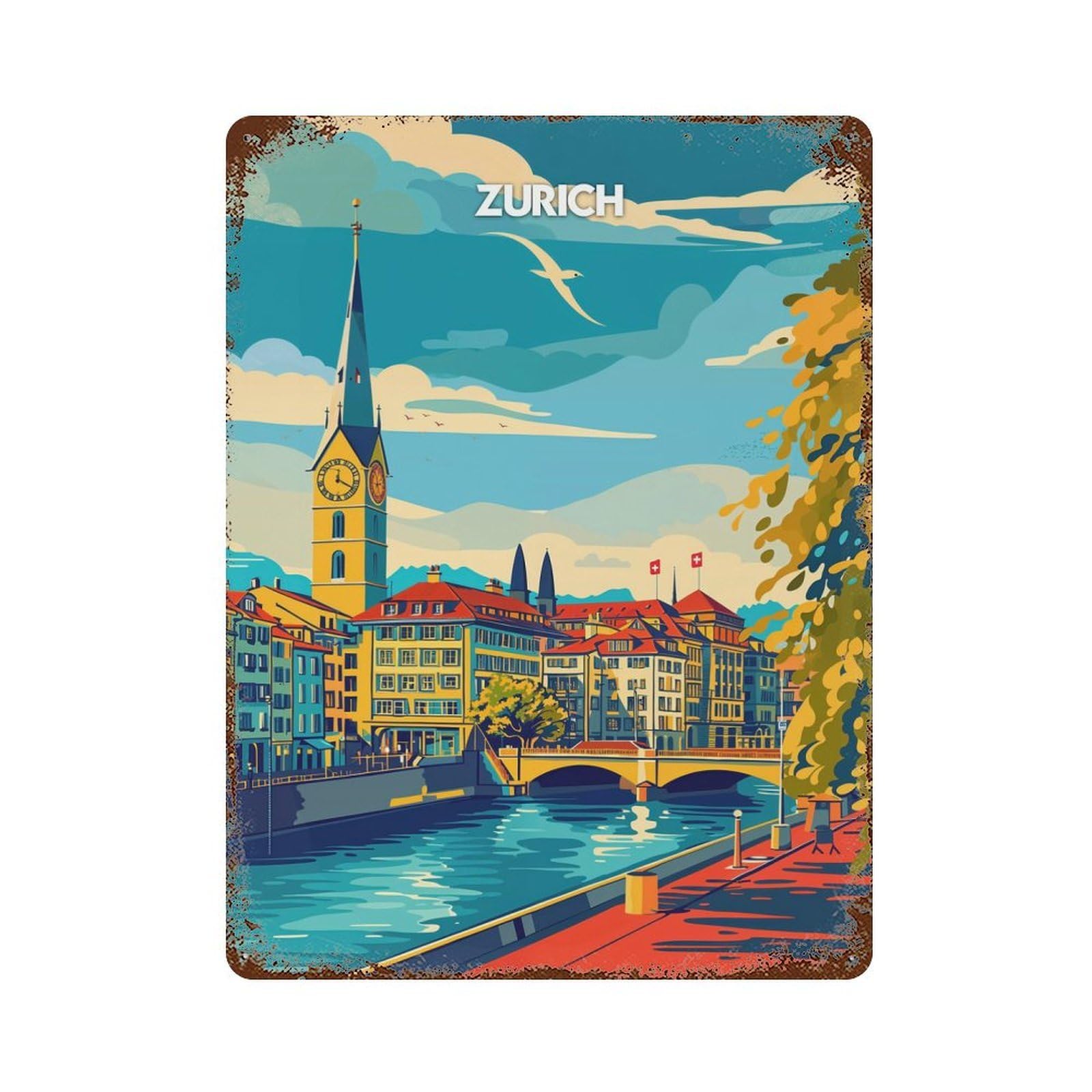 Zurich Serenity 15.7"x11.8" Vintage Metal Tin Sign, Retro Wall Decor for Basement, Hobby Room And Garage Decor