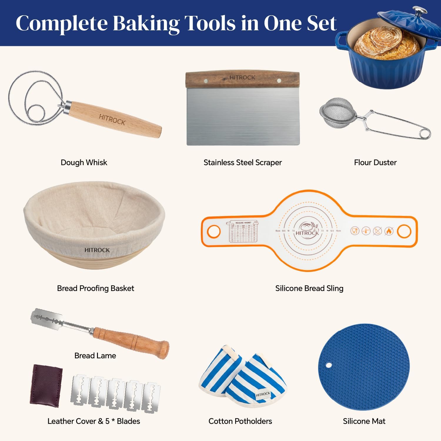 HITROCK Enameled Cast Iron Dutch Oven with Lid, 4.9 Quarts, Blue, Diamond-Inspired Design, Oven Safe up to 500°F, for Bread Baking, Braising, Stews, Roasting, Includes Complete Sourdough Bread Baking Supplies, Bread Making Tools Kit