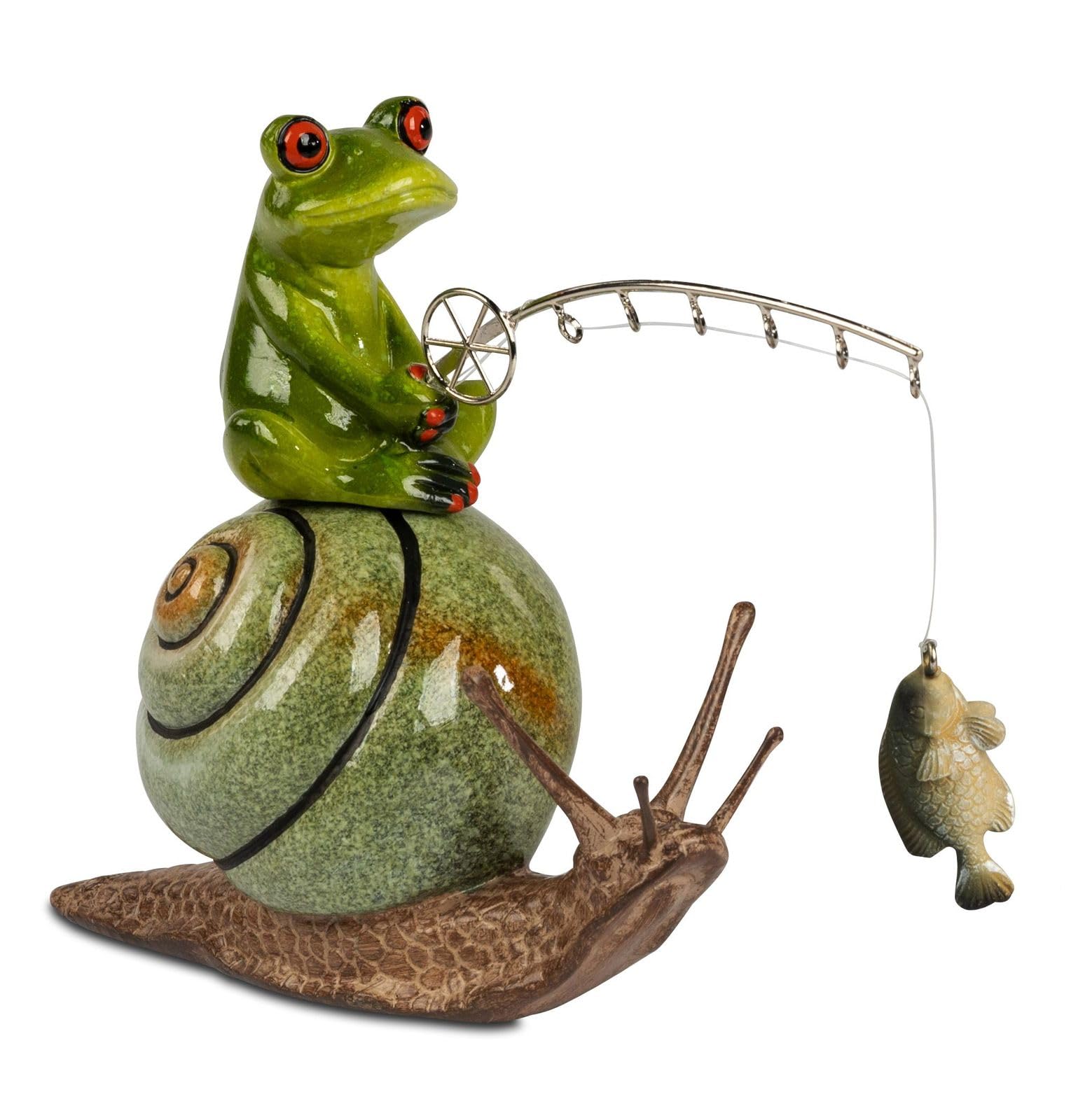 formano Zestaw 2 figurek z żabą wędkarz na ślimaku z rybą, 18 cm, figurka dekoracyjna z serii Froschhausen, błyszczące figurki zwierząt z żywicy poliestrowej, humorystyczny prezent dla wędkarzy i
