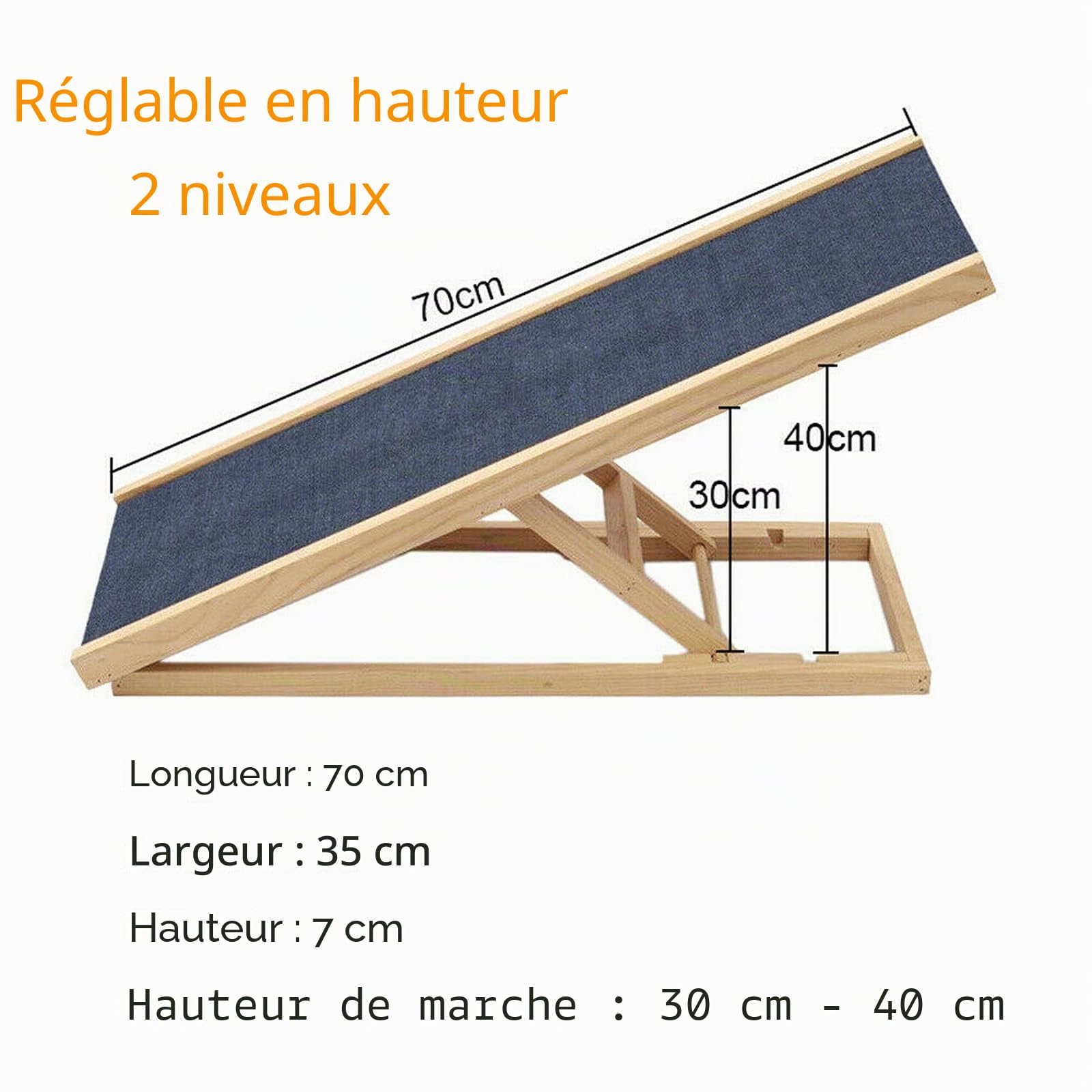 Rampe indépendante pour chien Dog Ramp, bois véritable réglable 2 hauteurs, tapis antidérapant, design pliable portable pour lit ou canapé 70 x 35 cm