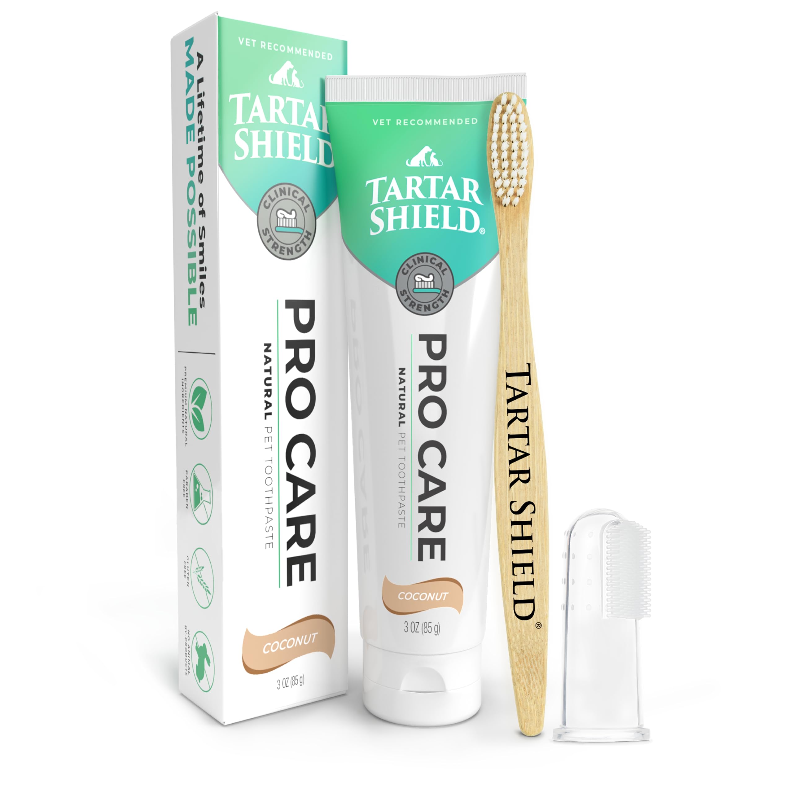 Tartar Shield Pro Care – Natural Enzymatic Pet Toothpaste Kit – Protects Against Plaque & Tartar - Freshens Breath & Removes Stains – Cleans Teeth and Gums – for Dogs & Cats - Coconut Flavor, 3 Oz.
