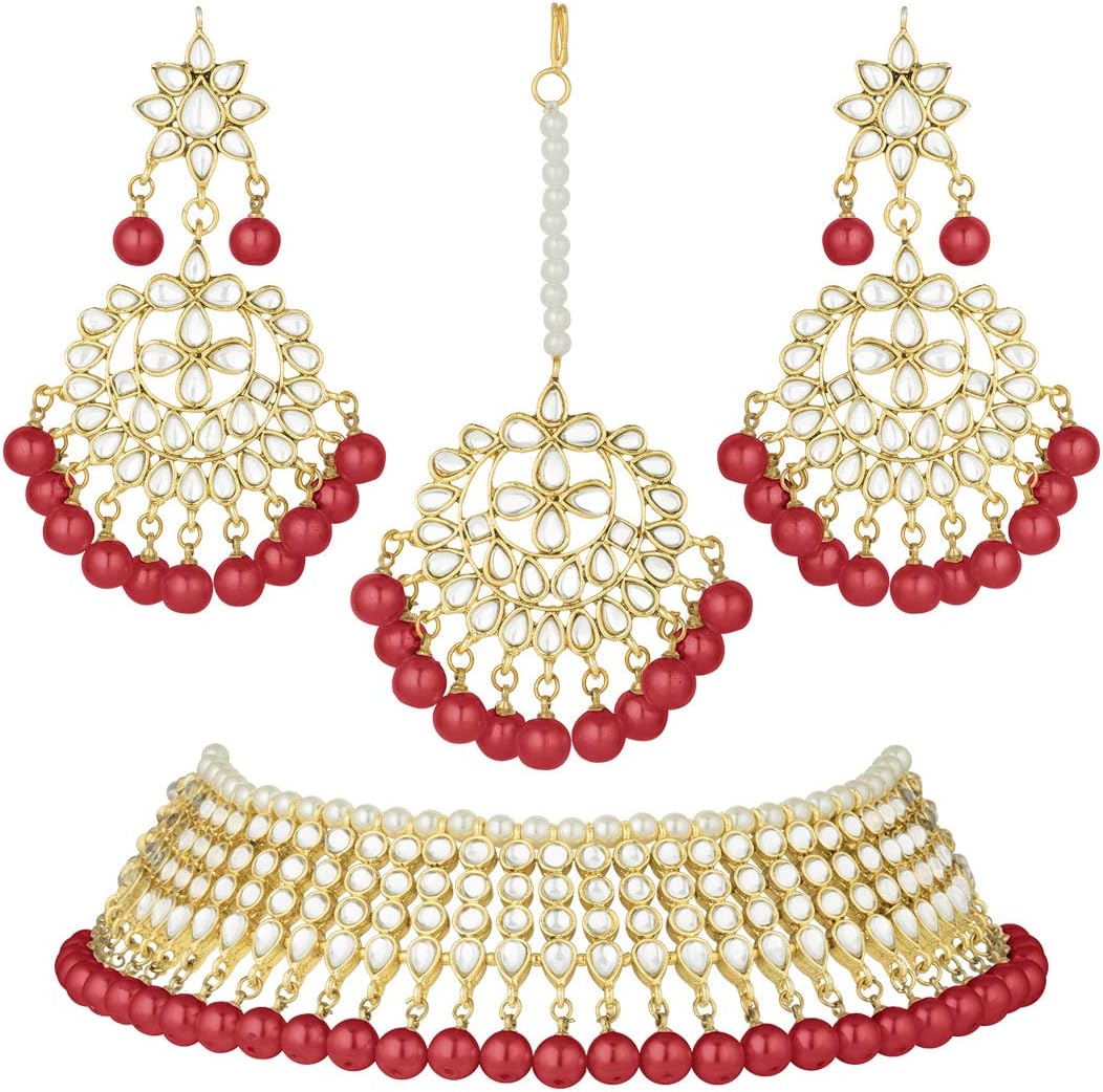 Bollywood Style Faux Kundan Beaded Choker Necklace Dangle Earrings Maang Tikka Indian Jewellery Set for Women