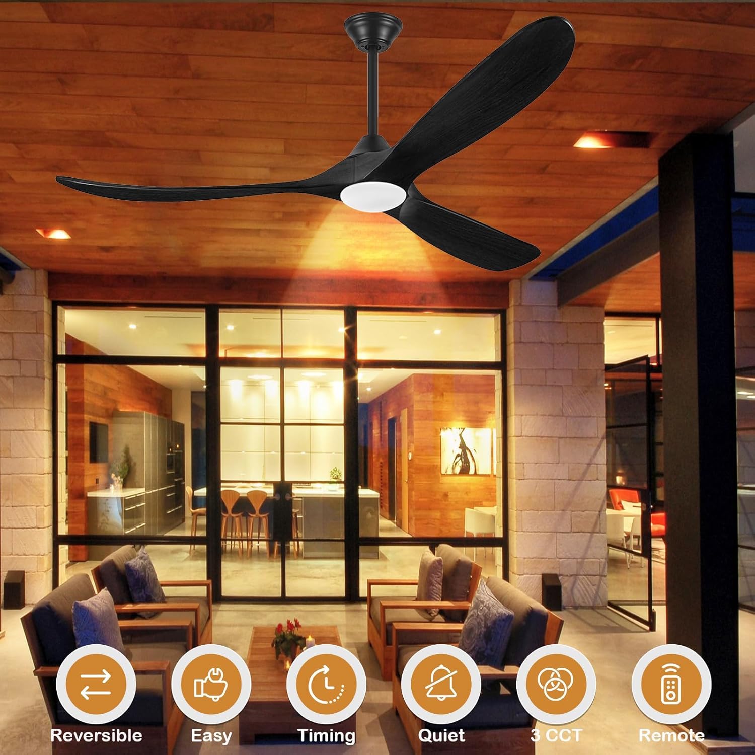 Ventilatori Da Soffitto Per Esterni In Legno Nero Da 178 Cm Con Luce, Moderno Ventilatore Da Soffitto A 3 Pale Con Telecomando, Motore Cc Silenzioso Reversibile