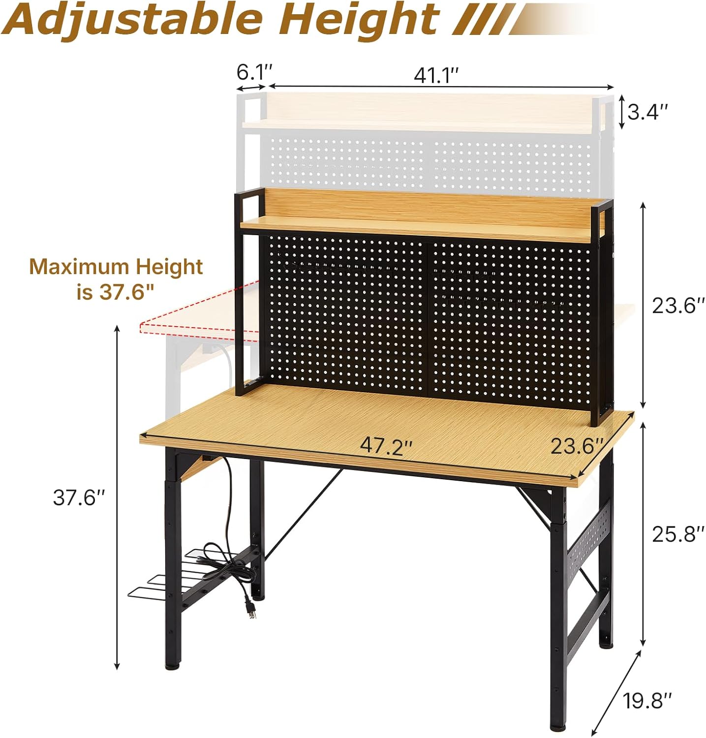 Zevemomo 48" Adjustable Height Workbench with Pegboard, Work Benches for Garage, Heavy Duty Wood Top Work Bench with Wheels, 2000 LBS Load Capacity, Rolling Work Table with Outlet Storage Shelf Hooks