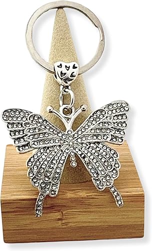 Miniatura 3 de Llavero de mariposa plateada - Cubierto de diamantes de imitación - Bolsa con cordón - 3 pulgadas de largo, plateado