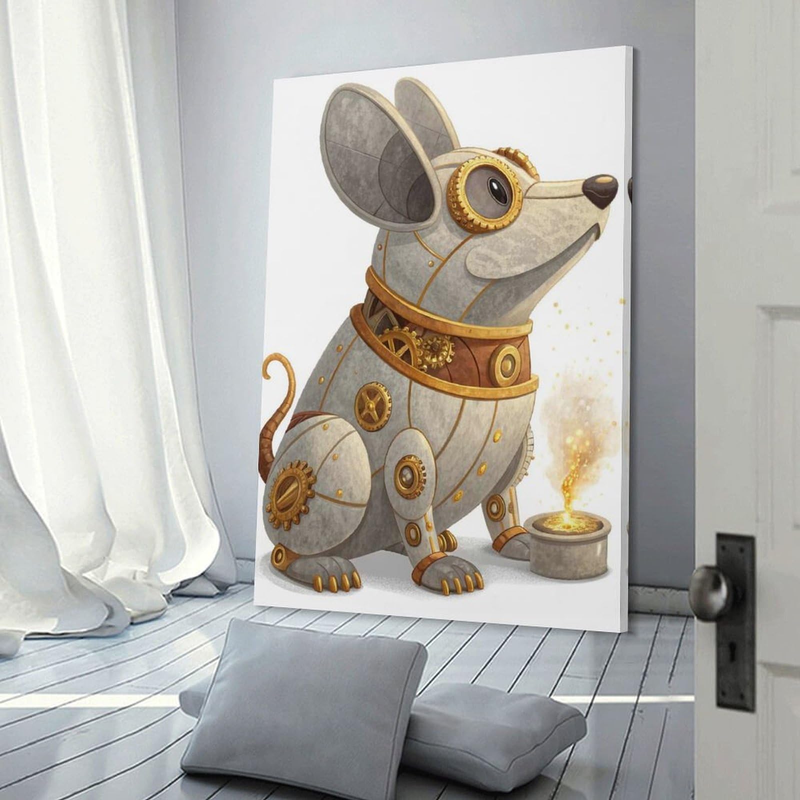 Junmoney Canvas Wall Art Steampunk Mouse with Molten Gold, 24x36inch(60x90cm), for Corridors, Hallways Or Apartment Entries, Decorative Canvas Styling for Entry Areas