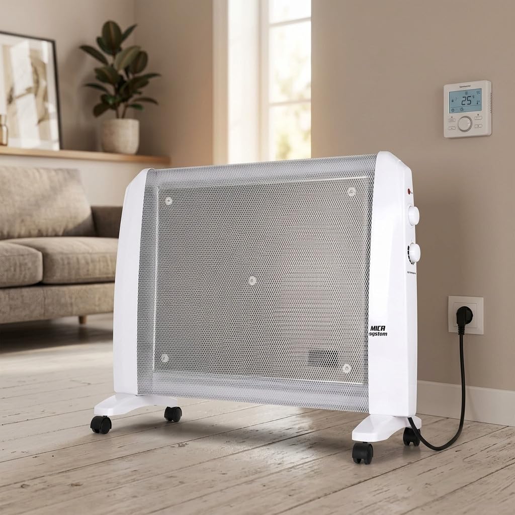 Suinga Radiador de Mica 1500 W | Estufa Eléctrica con Termostato Regulable | 2 Niveles de Calor 750-1500 W | Seguridad Antivuelco y Sobrecalentamiento | Con Ruedas