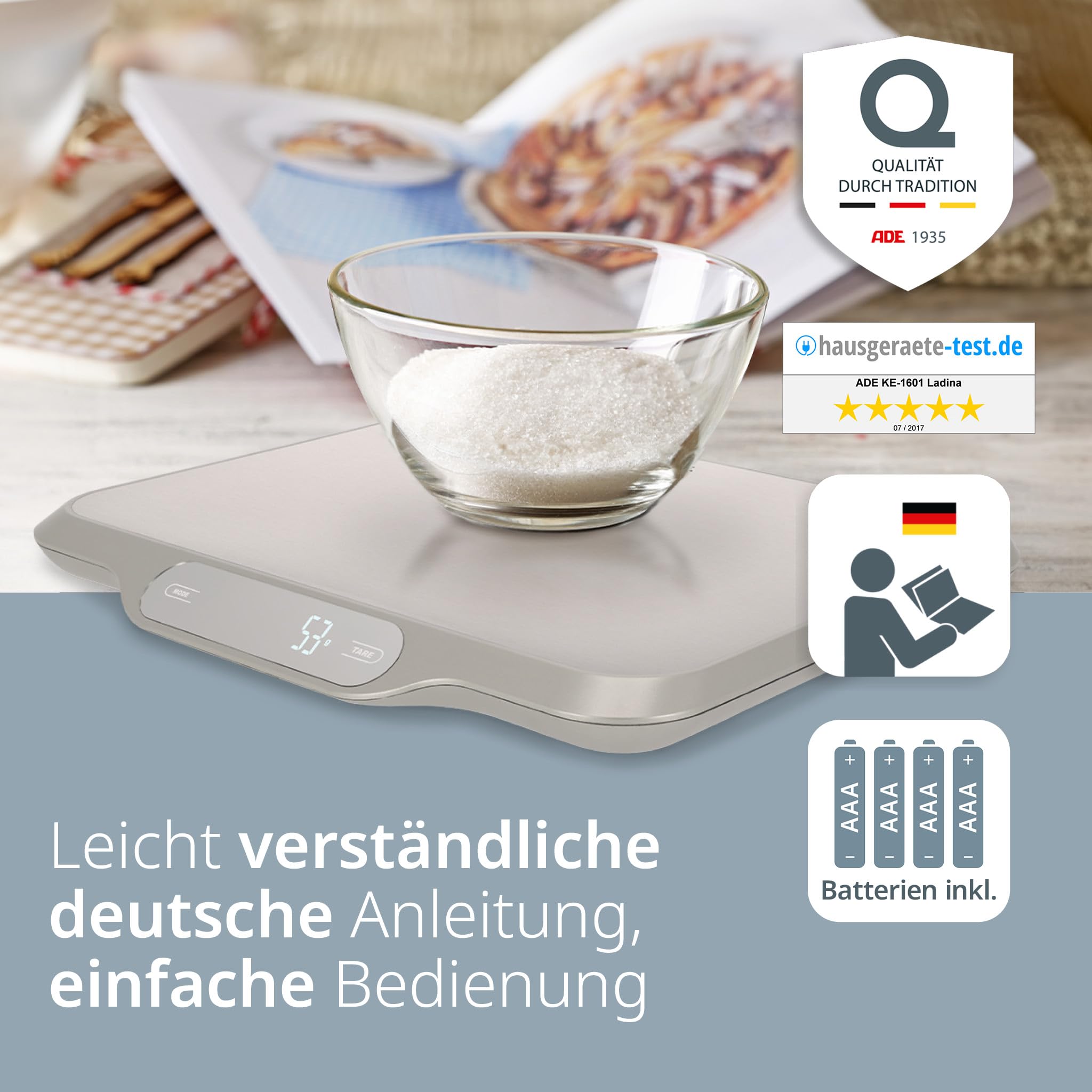 ADE Extra große Küchenwaage digital bis 15kg | Küchenwaage große Wiegefläche 26x31 cm | perfekt als Kuchenwaage, Paketwaage, Fleischwaage
