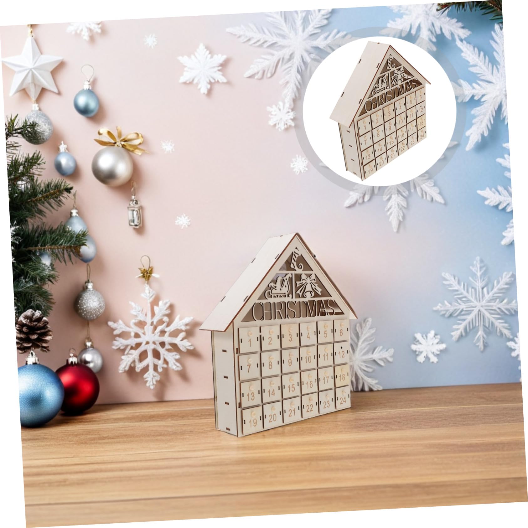 Calendario de Adviento de Navidad de madera con cajones iluminados por LED, reutilizable, rústico, decoración de cuenta regresiva para la familia, bricolaje, festivo, cálido, Navidad, aldea