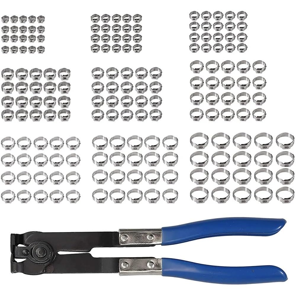 180PCS 5.8-21Mm Ear Stepless Hose Clamps 304 Stainless Steel Single Hose Crimping With Blue Clamp Pliers Wood Working Tools (Size : Only 180pcs Hose)