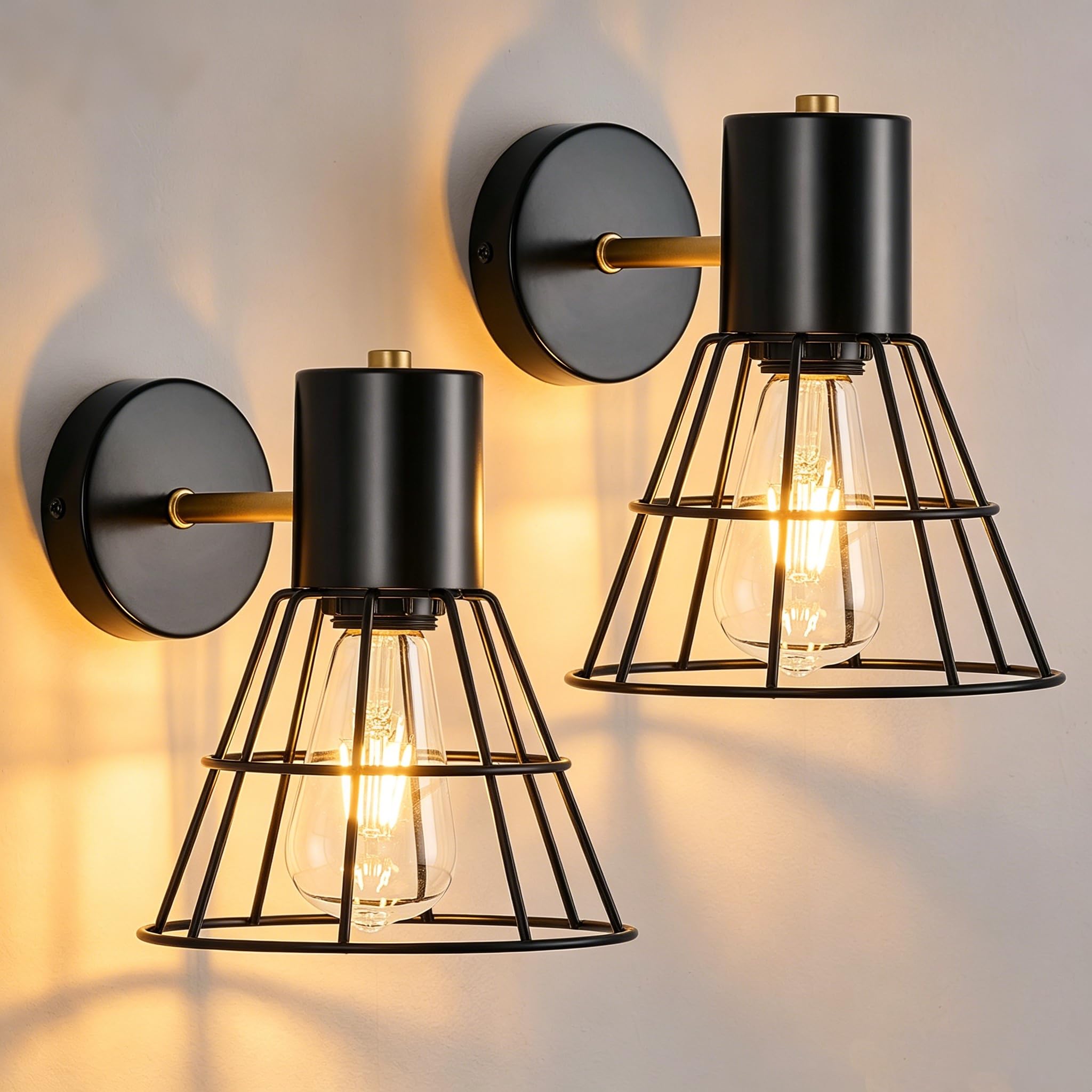 WOKNOS 2 Stück Metall Classic Wandleuchte,2er Schwarz Wandlampe Innen, Vintage Wandbeleuchtung für Flur Hallway Schlafzimmer Wohnzimmer Arbeitszimmer E27 Basis