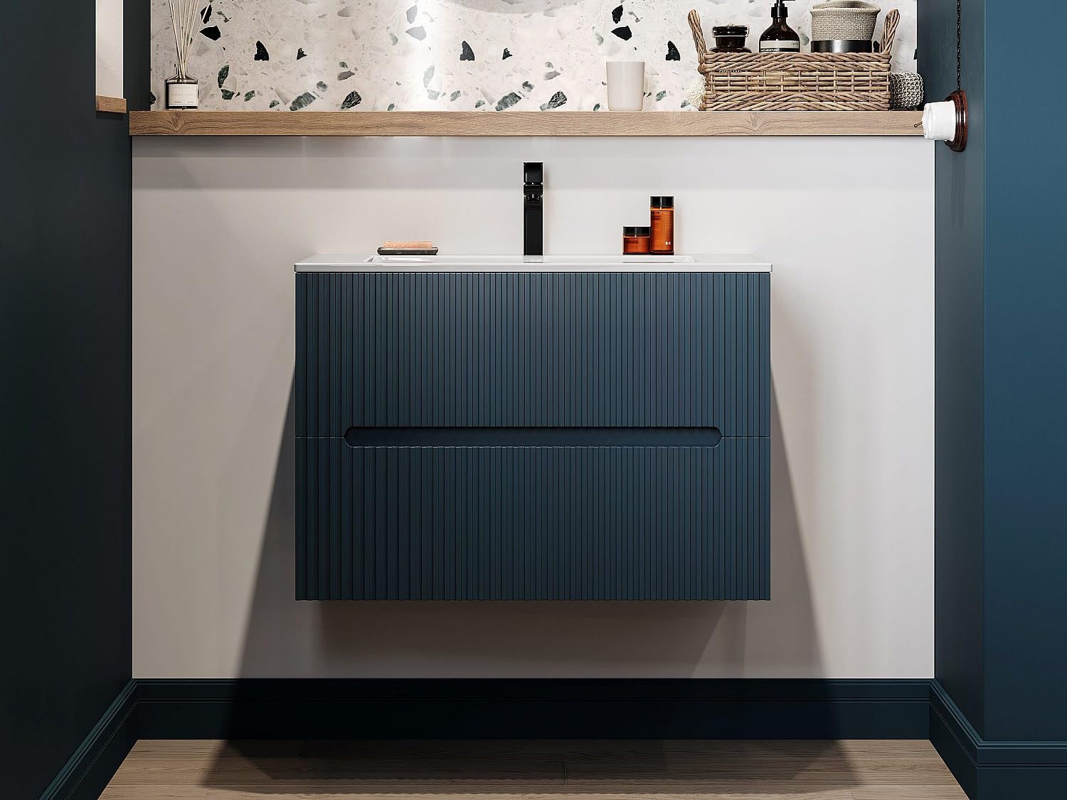 Vente-unique - Meuble sous Vasque Suspendu strié Bleu - 80 cm - PAVANI