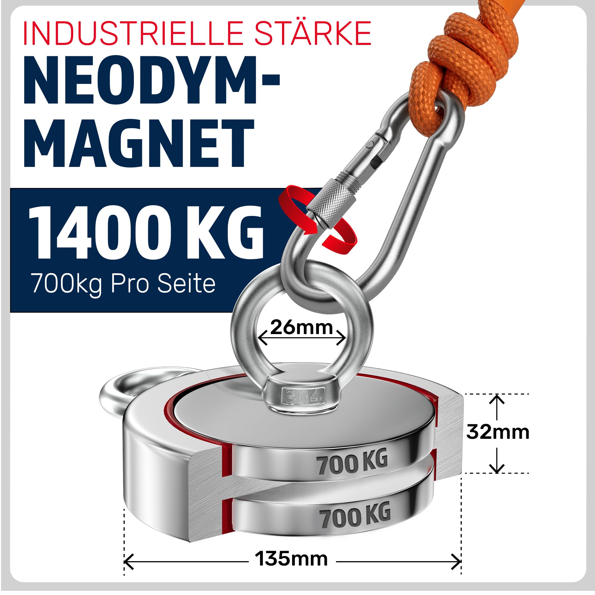 MAGFISHION Magnetfischen Set - 1400 KG (2 x 700kg) - Ø135mm - Neodym Magnet mit Seil (20M) & Handschuhe - Magnet Fischen Angel - Ösenmagnet - Fishing Magnetangel - Magnetangeln Set