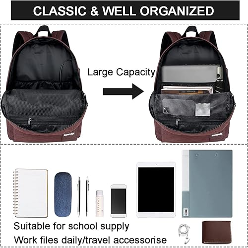 Miniatura 2 de SUPACOOL Mochila ligera y casual para laptop con puerto de carga USB para hombres y mujeres, mochila escolar para la universidad, Coffee