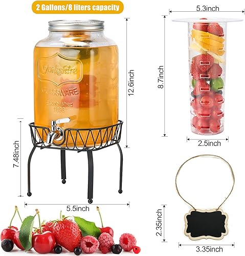 Miniatura 6 de Dispensador de bebidas de vidrio de 2 galones con soporte e infusor de frutas, espita de acero inoxidable - Dispensadores de bebidas de vidrio para