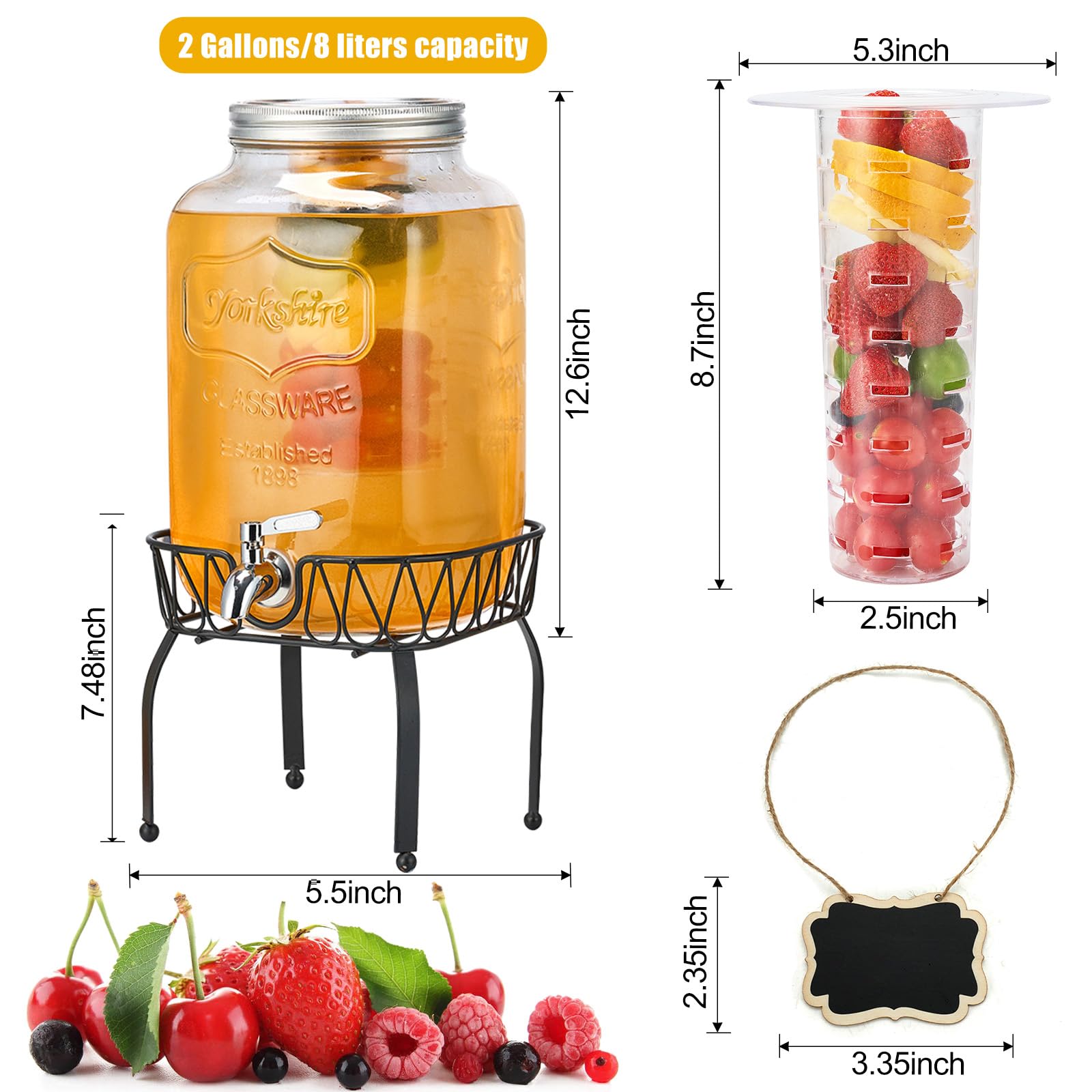 2 Gallon Glass Drink Dispenser With Fruit Infuser & Stainless Steel Spigot - Leakproof For Parties, Lemonade, Sangria - View #5