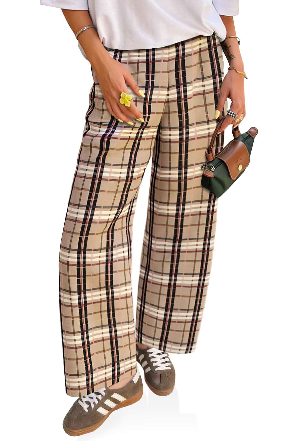 Cicy Bell Womens Wide Leg Pants High Wiasted Casual Baggy Palazzo Elastic Plaid Pants Trousers