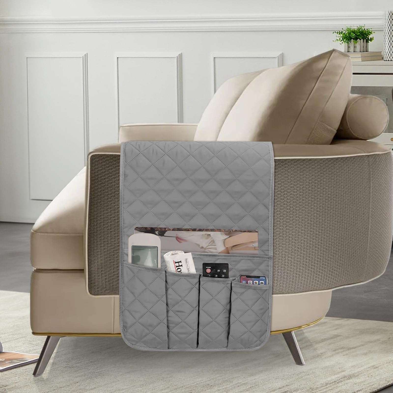 Sofa Armrest Organizer for Couch - Non-Slip Waterproof Arm Chair Bedside Caddy Storage with 5 Pockets, Armchair Organizer for Recliner Couch TV Remote Control Holder Cell Phone Magazines Tablet (Grey)