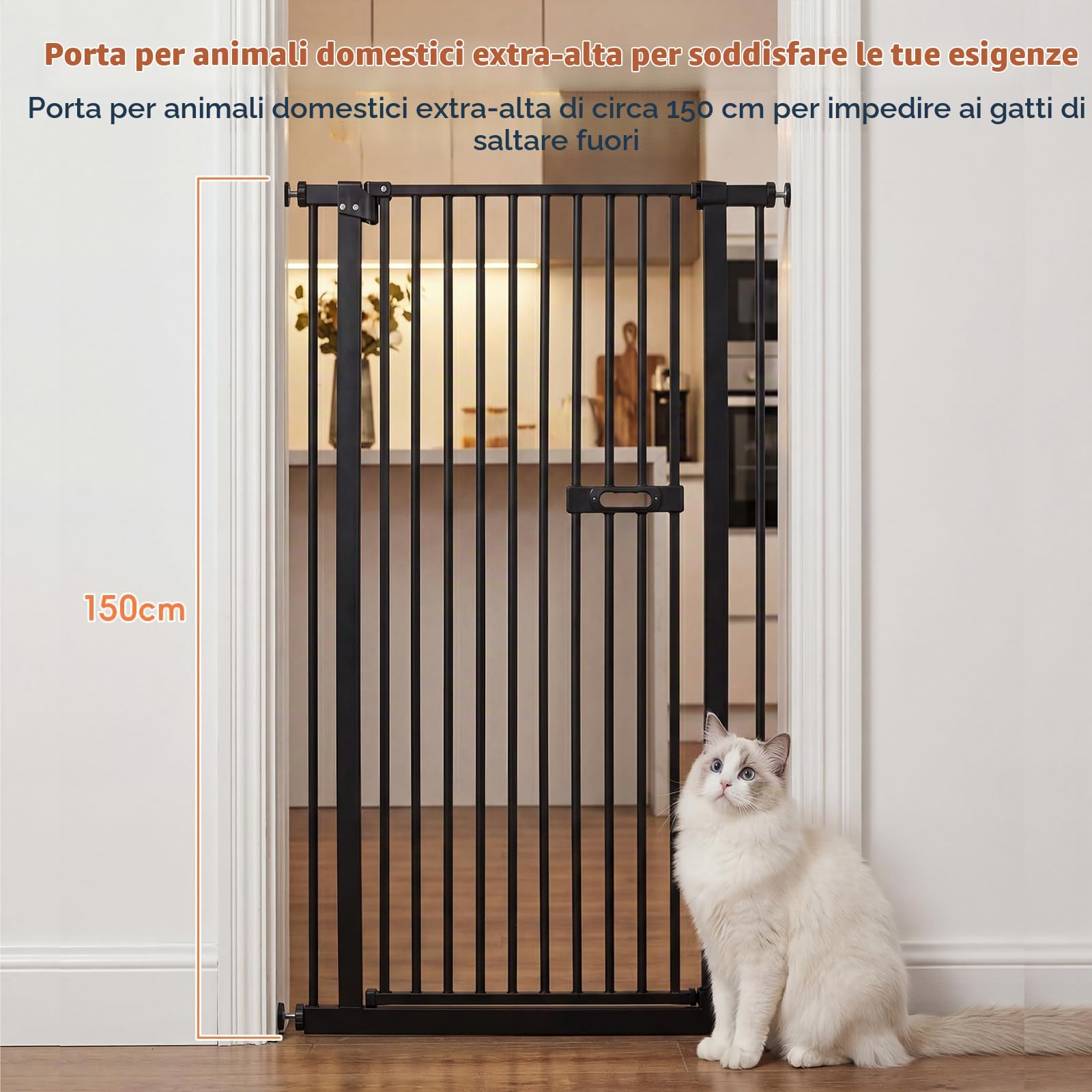 Cancello extra alto per cani e gatti, Porta per Animali 150 cm, in metallo, larghezza 75-85 cm, porta a doppio effetto, chiusura automatica, senza foratura, Adatto per corridoi/salotti(nero
