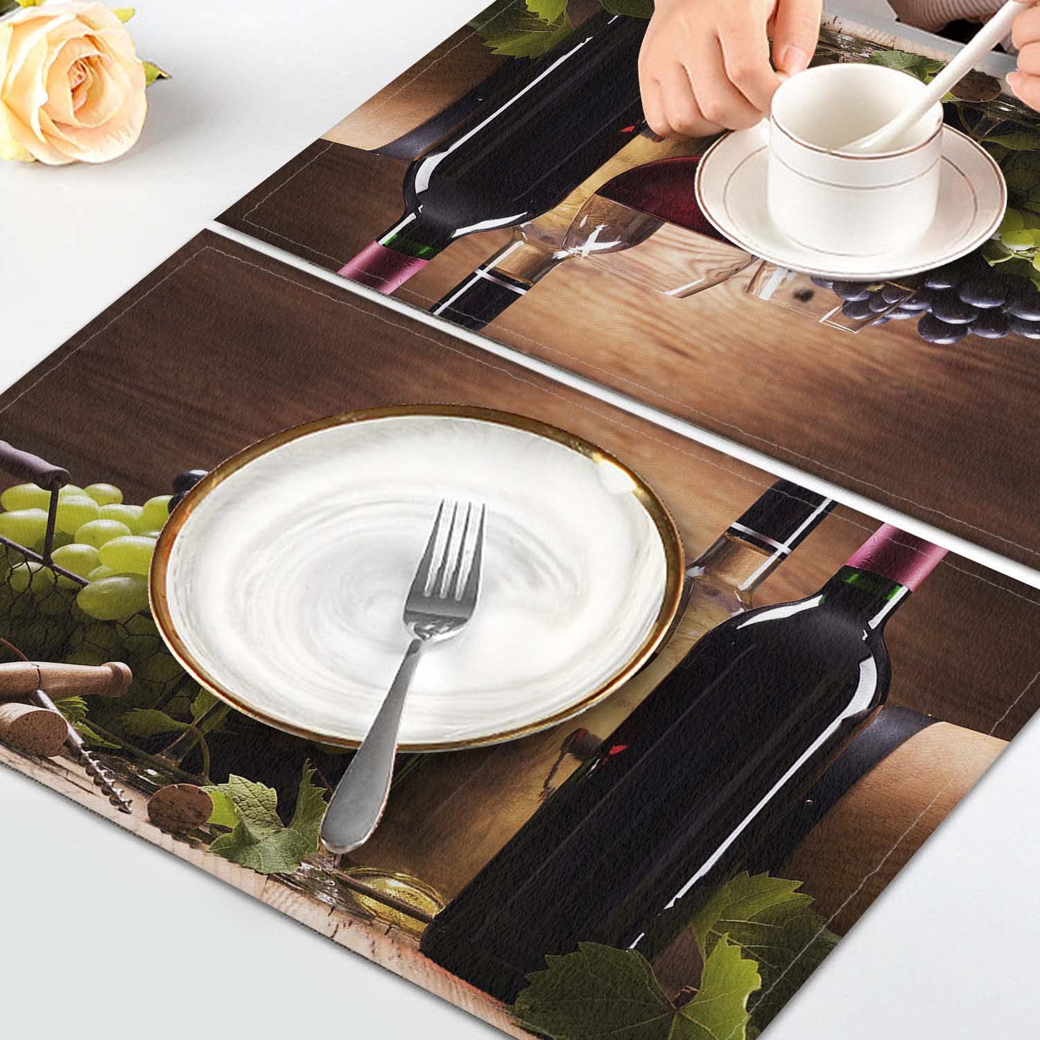 Cloth Placemats Set of 4,Classic Grape Red Wine and Cork Linen Table Mats,Heat Resistant Woven Placemats Non-Slip Dining Table Place Mats for Kitchen,Cafe,Home Decor 18x12in