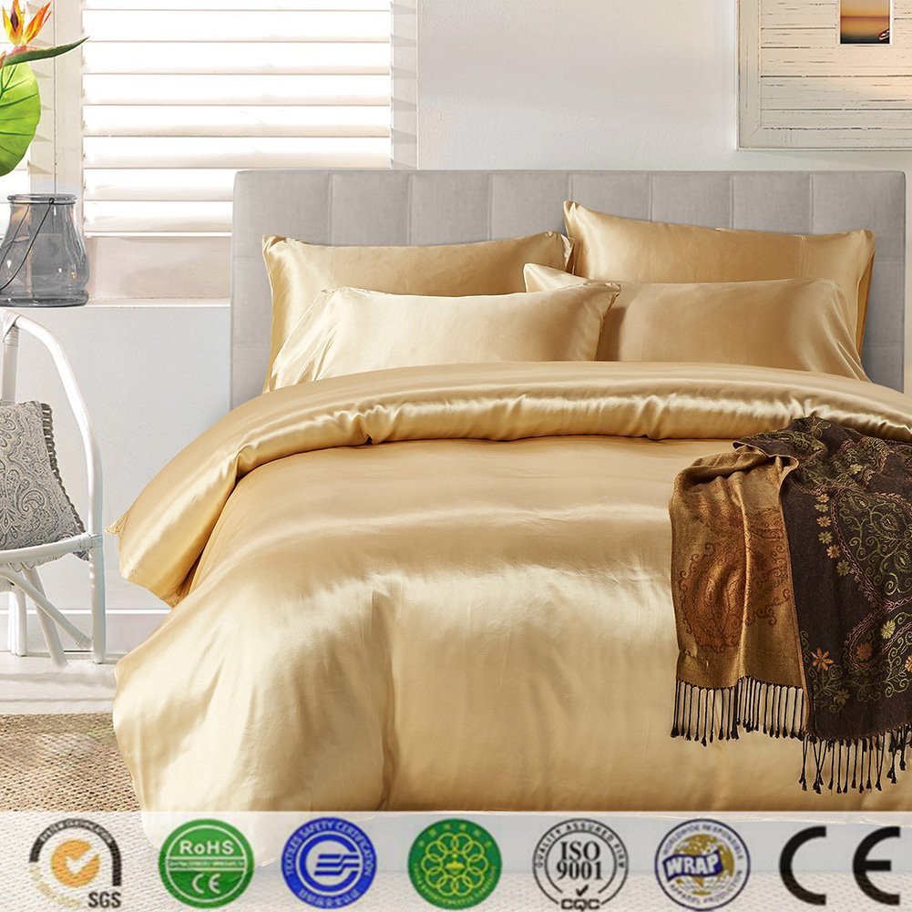 Dotbuy Duvet Cover Set Bedding Sets 3PCS Silk Satin Solid Color Style Soft Silky Bedding Set Simple Zipper Pillowcase Bedding Set Personality Lacing Sets (King (220 * 230cm), gold)