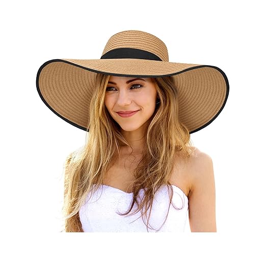 Womens Sun Hat UV Protection Wide Brim Beach Hat Floppy Foldable Roll-Up Straw Hats for Women UPF 50, E Khaki&Black
