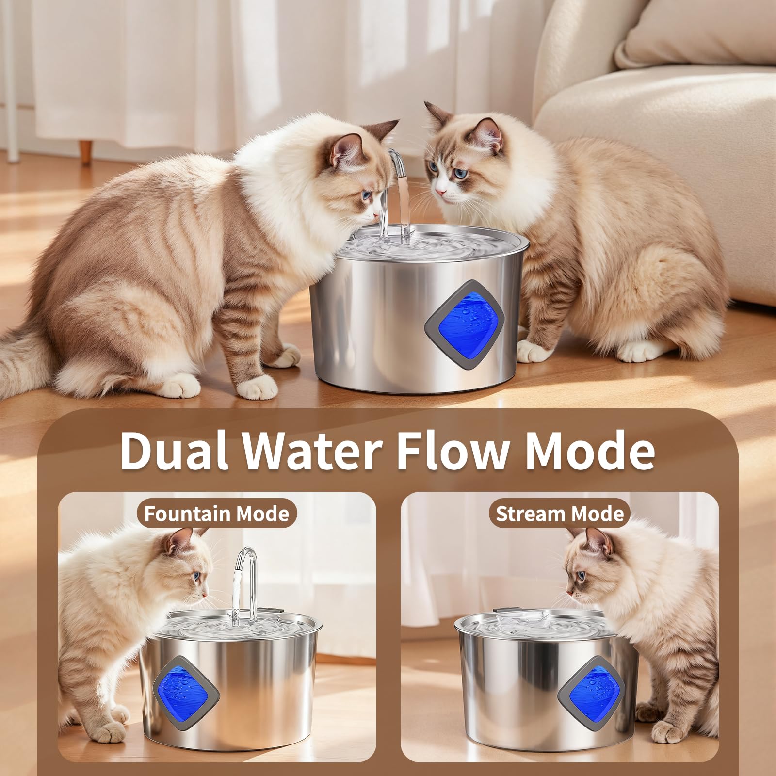 Cat Water Fountain Stainless Steel: 108oz/3.2L Automatic Pet Water Fountain for Cats Indoor- Quiet Cat Water Bowl Dispenser- Drinking Fountain for Small Dogs & Kitties-4 Filters + 4 Sponges - image 4