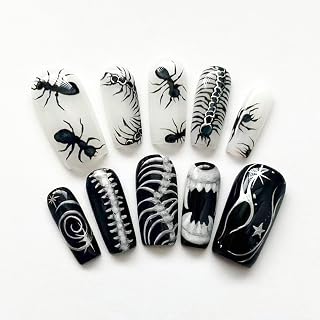 Halloween Press on Nails Long Square with Ant Centipede Designs White Nails Press ons Black False Nails for Women 24Pcs
