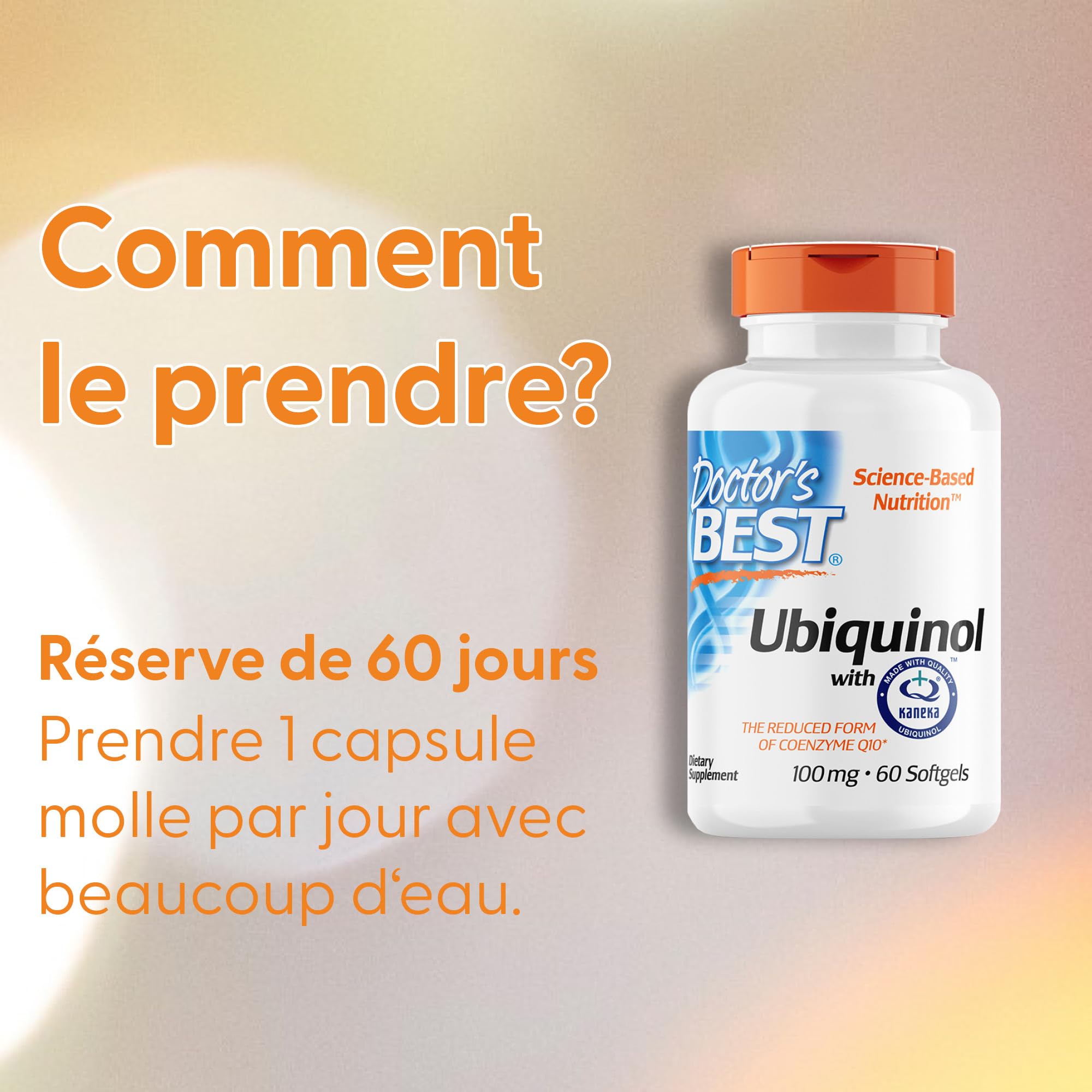 Doctor's Best, Ubiquinol avec Kaneka, Coenzyme Q10, 100 mg, 60 Capsules molles, Hautement Dosé, Sans Soja, Sans Gluten, Sans OGM, Végétal
