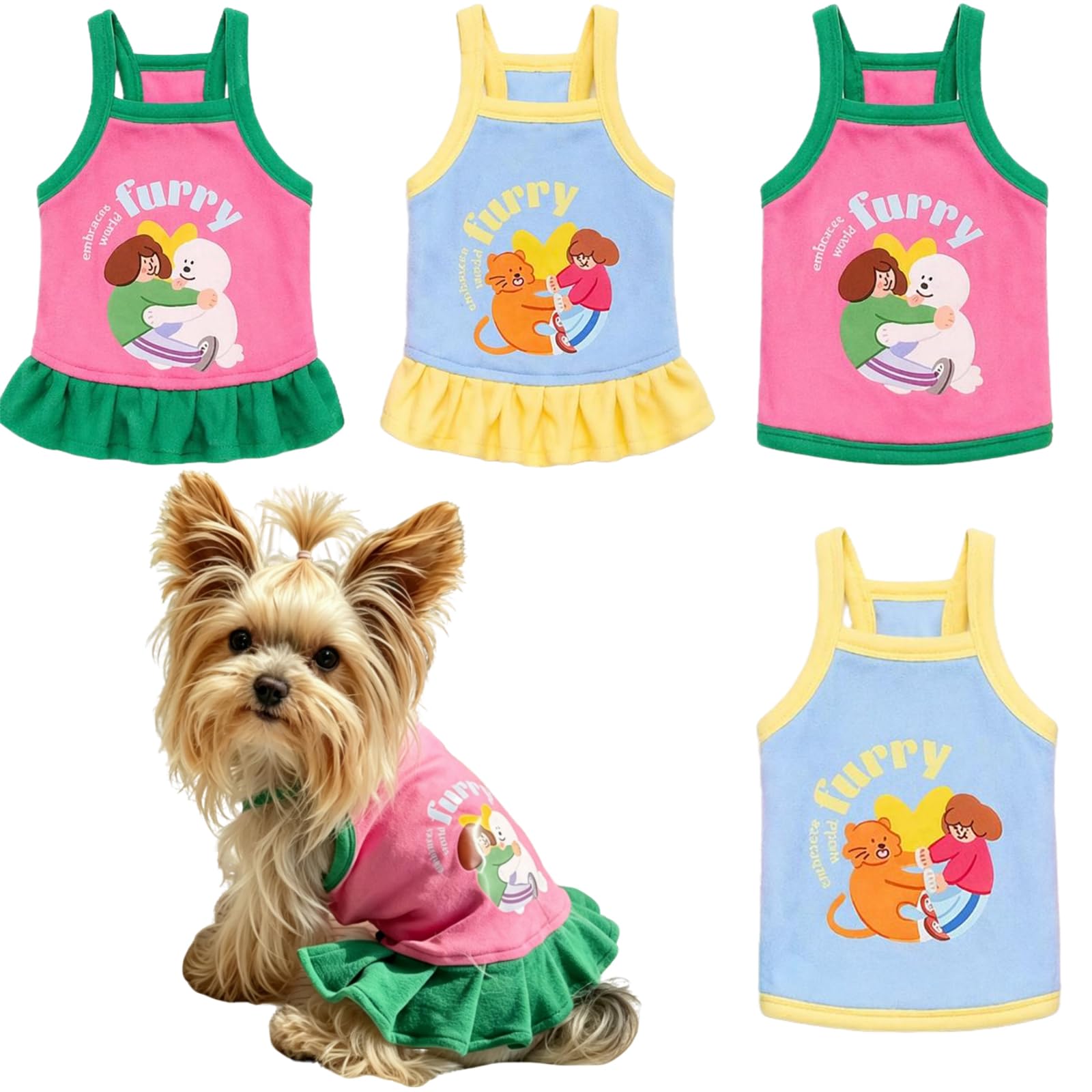 Yaopelky 4 Pack Small Dog Clothes Set Include 2 Pcs Pet Dress with Ruffle and 2 Pcs Adorable Dog T Shirt Puppy Outfits Doggy Summer Shirts Pet Clothes for Yorkie Chihuahua Maltese (M(2.5-3.5kg))