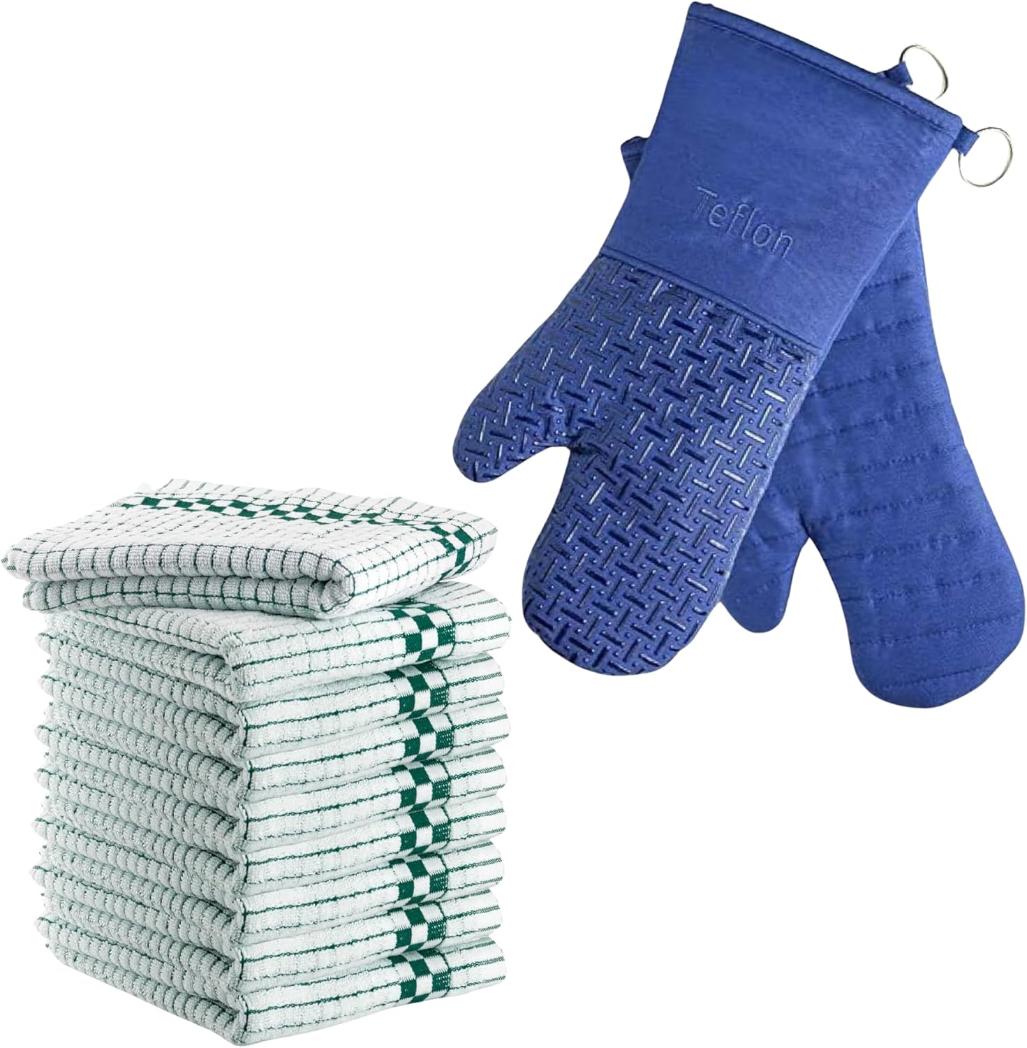 XLNT Blue Extra Long Oven Mitts with Green Highly Absorbent Kitchen Dish Towels - 9 Pack | Teflon EcoElite Water Repellent | Heat Resistant for Oven Cooking, Grill & BBQ | Non Slip Gloves