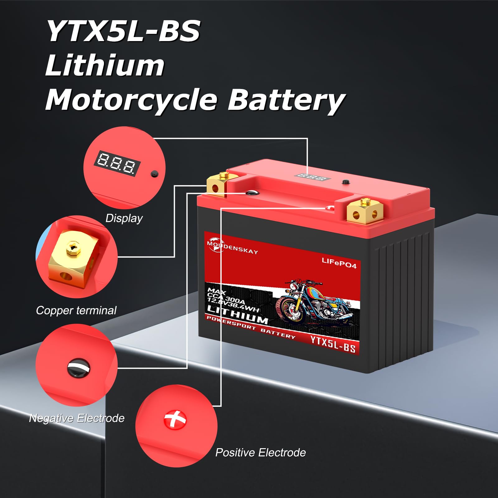Akumulator litowy do motocykla, 12 V, akumulator litowy Powersports z BMS i wyświetlaczem 12,8 V, 3 Ah, 230 ~ 250 CCA 38,4 WH YTX5L-BS LiFePO4, akumulator rozruchowy do motocykli, ATV, UTV