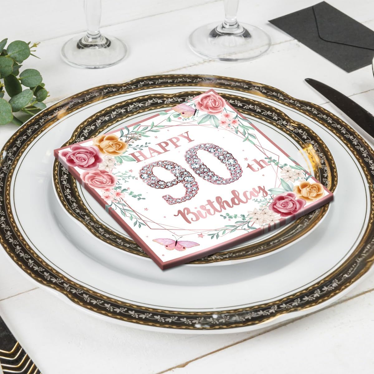 50Pcs Rose Gold Floral Happy 90th Birthday Napkins 90th Birthday Party Decorations for Women 90 Years Old Theme Supplies Disposable Luncheon Dinner Napkins 6.5" x 6.5"