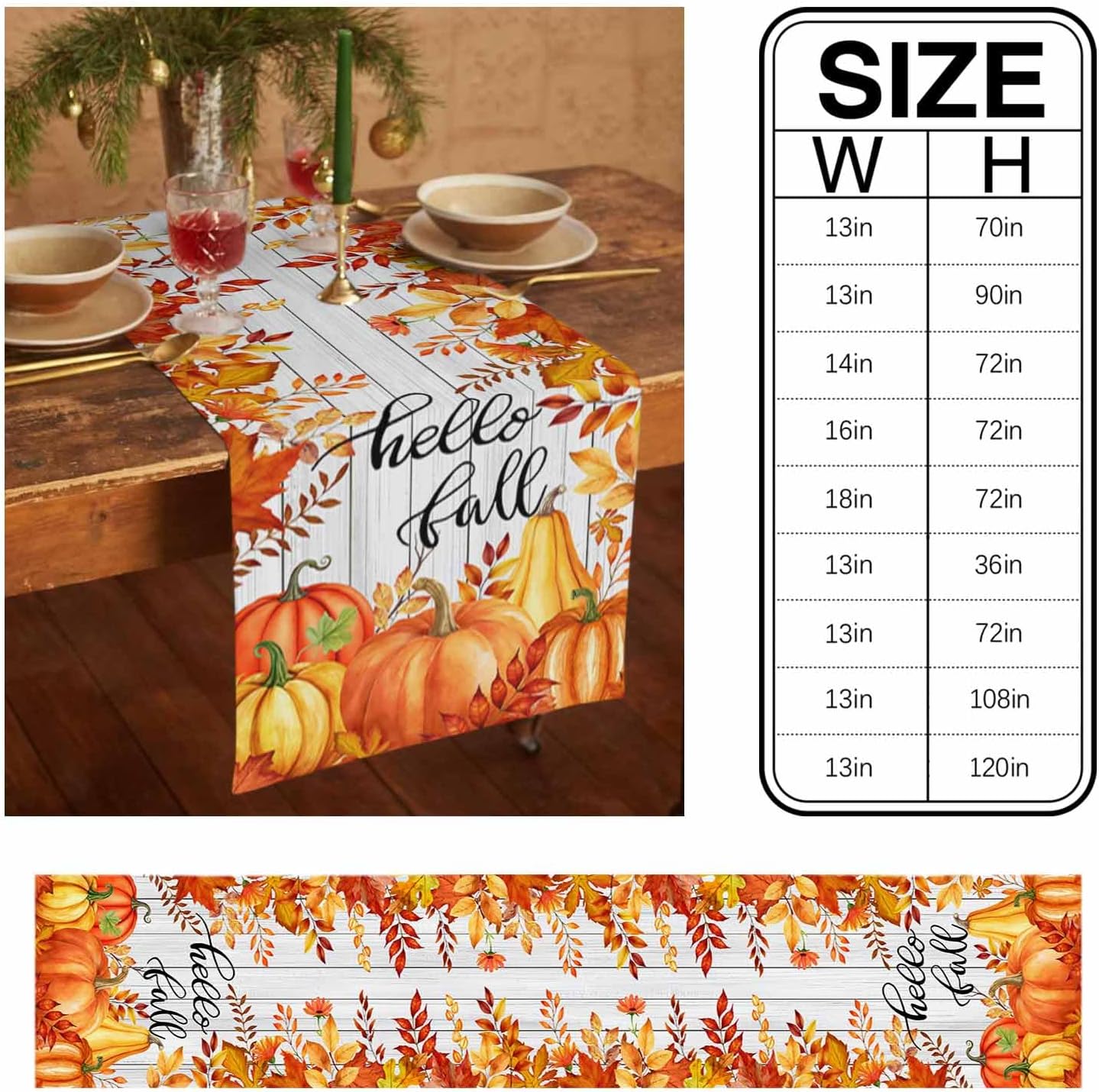 Hello Fall Pumpkin Table Runner Dresser Scarves, Thanksgiving Wood Texture 120 inches Long Dining Table Runner, Autumn Non-Slip Washable Table Setting Decor for Wedding Party Holiday Dinner