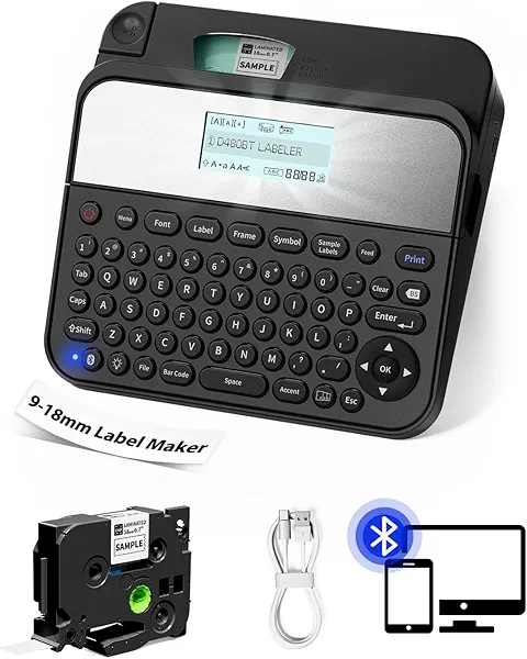 EazeID 18mm Label Maker Machine with-Tape, Bluetooth Rechargeable Labeler with Keyboard, Backlit Screen, Connect PC & Phone, Create Via BZ Label Up to~18mm 3/4 inch, Idea for Home Office, D480BT