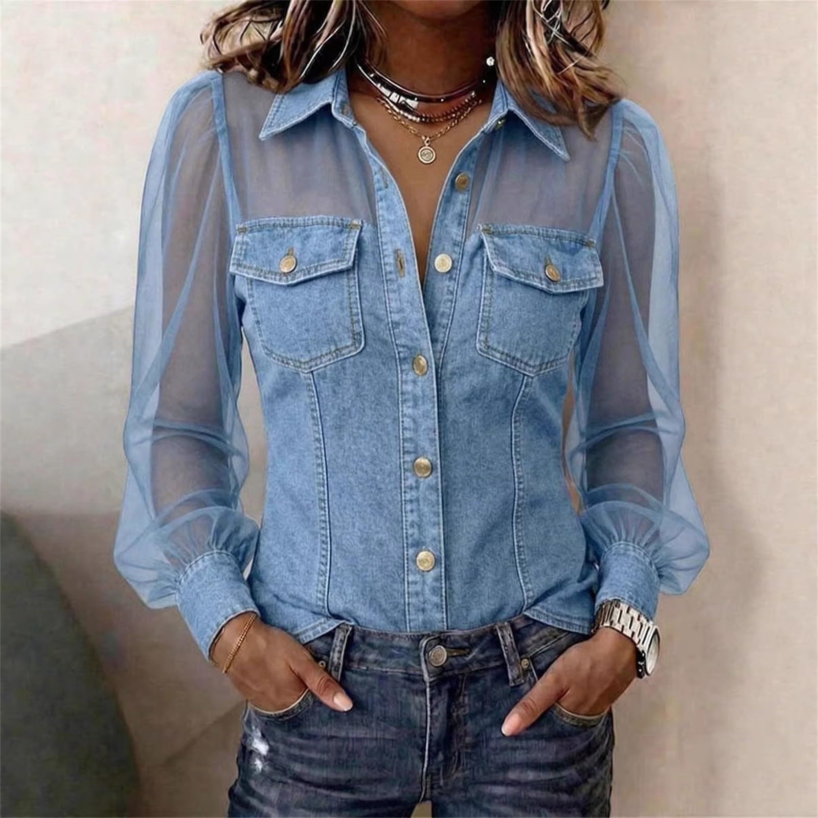 Camiseta sexy para mujer, parte superior de encaje, elegante blusa vaquera