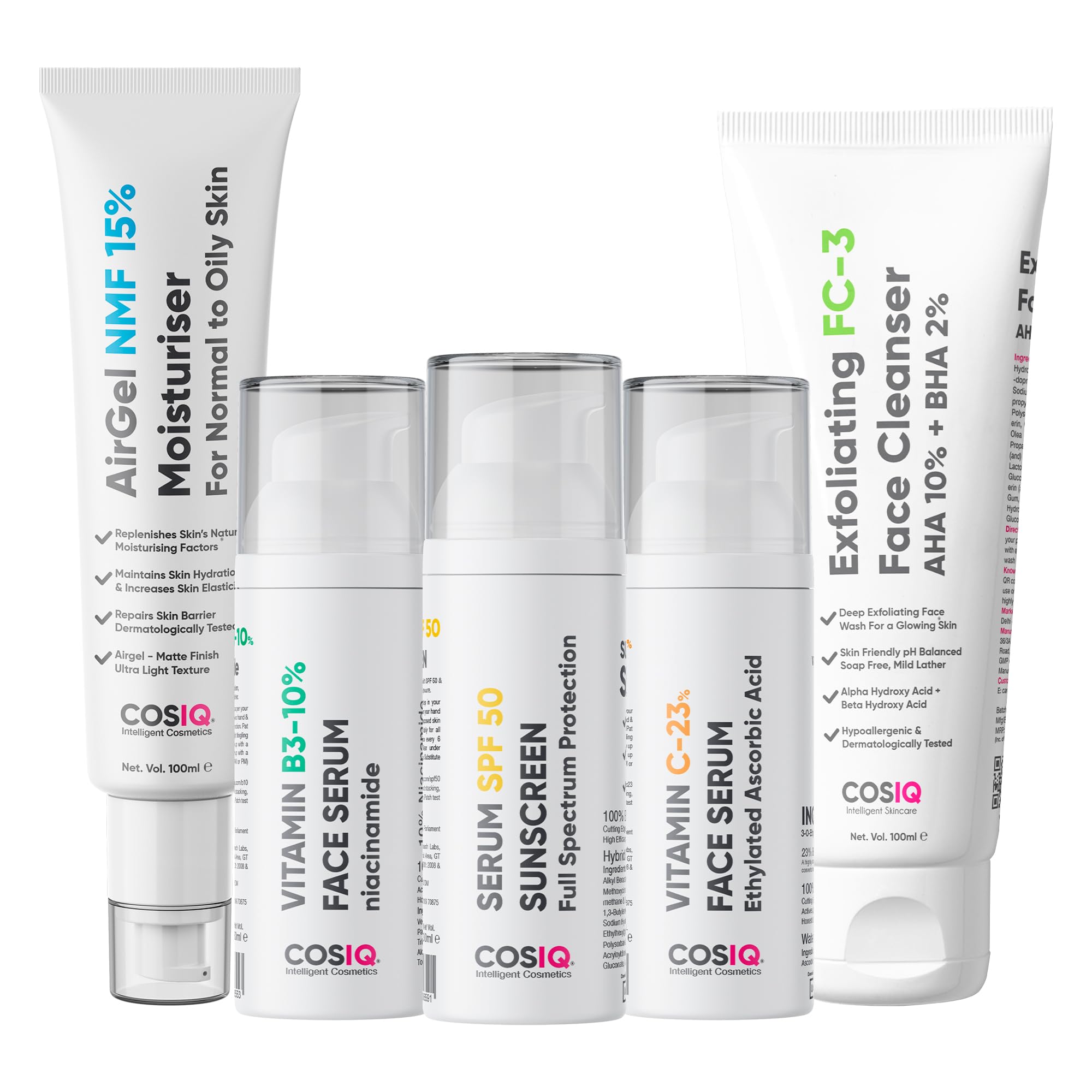 Cos-IQ Complete Kit for Dull Skin, SPF 50 Sunscreen 30ml, AirGel NMF-15% Moisturiser 100ml, Niacinamide Vitamin B3-10% Serum, 30ml, Vitamin C-23% Serum, FC-3 Exfoliating Face Cleanser, 100ml
