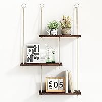 Fixwal 3-Tier Boho Hanging Plant Shelves for Wall - Rustic Wood Floating Storage Rack, Dark Brown Aesthetic Organizer for Bedroom Kitchen Bathroom
