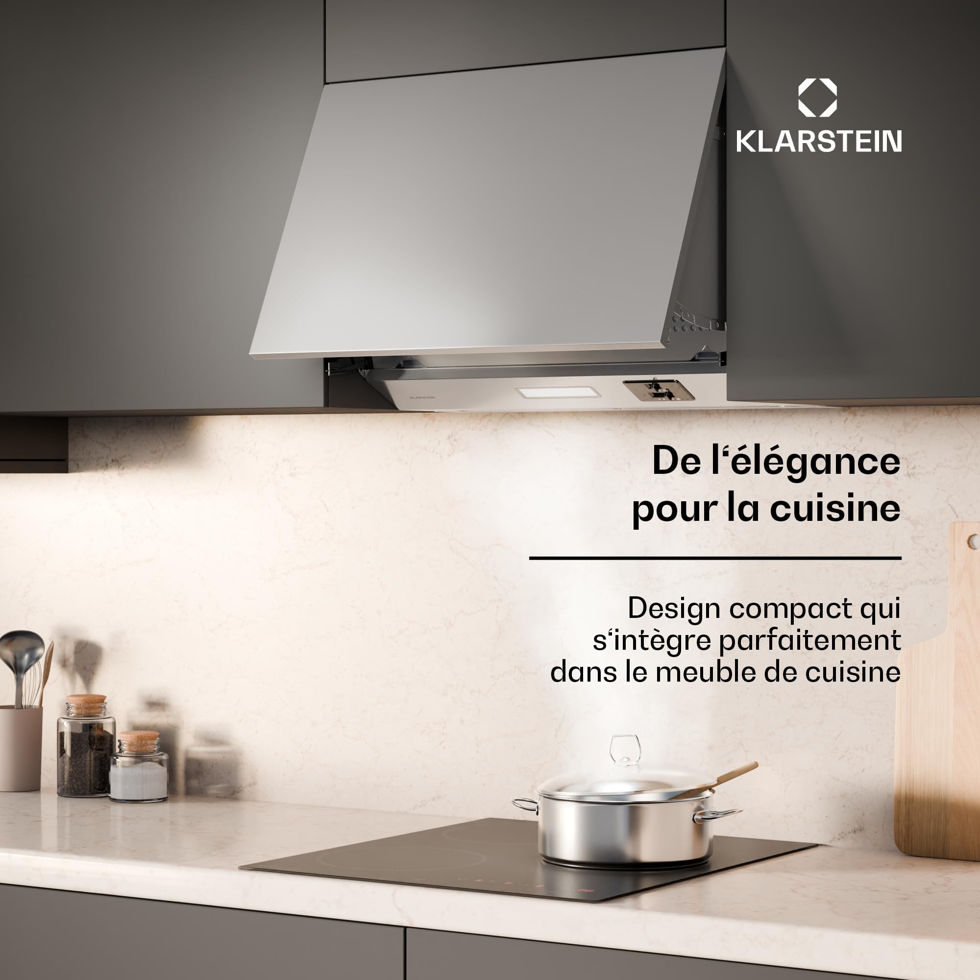 Klarstein Swift Square Hotte Aspirante, 60cm Hotte Cuisine Aspirante, Débit 380 m³/h, Double Moteur AC, Éclairage LED 2W, Filtre à Charbon Actif, Classe Énergétique C, Commande Tactile