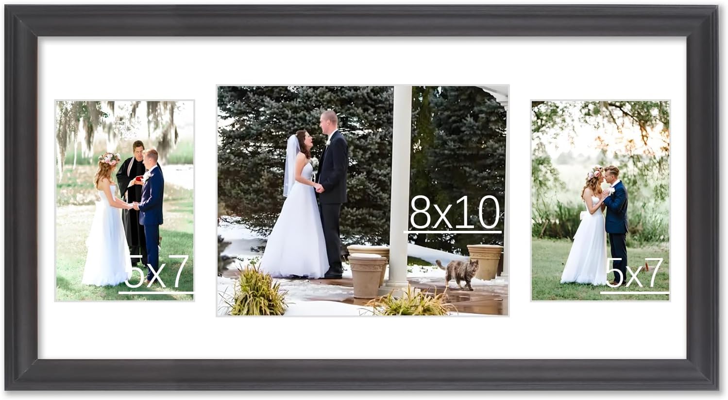 LTYHHK 11x22 Collage Photo Frame Fit One 8x10 and Two 5x7 Photos with Mat or 11x22 Inch without Mat,Black Solid Wood Frame with White Mat Multi-Photo Collage Photo Frame (L23B1122P3-810)