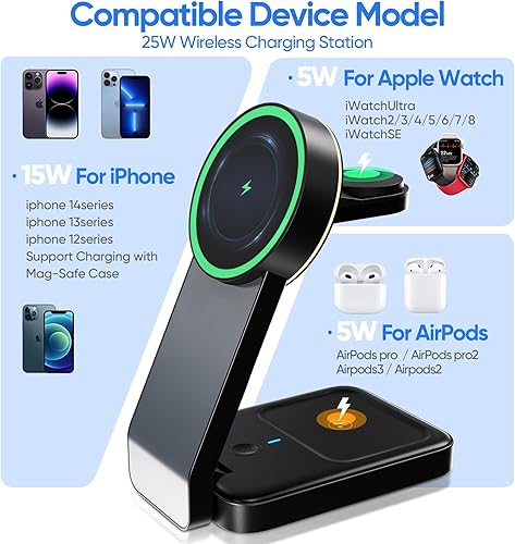 Miniatura 5 de Base de carga plegable magnética inalámbrica 3 en 1 con luz para productos Apple, estación de carga portátil Mag-Safe, compatible con iPhone